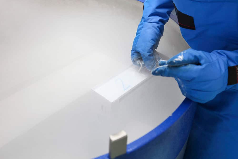 Pulling out a rack of biospecimens from a liquid nitrogen freezer